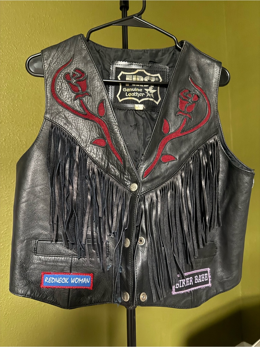 Genuine Leather Fringe Biker Vest with Red Rose Inlay size Large